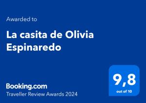 Certifikat, nagrada, logo ili neki drugi dokument izložen u objektu La casita de Olivia Espinaredo