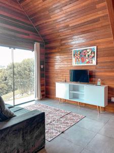 a living room with a television and wooden walls at Vale dos Imigrantes in Bento Gonçalves