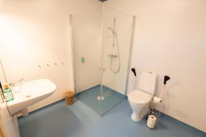 a bathroom with a shower and a toilet and a sink at Juliusskogen 