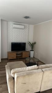 a living room with a couch and a flat screen tv at Apartament 33 Park City in Ostrów Wielkopolski