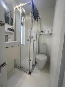 een witte badkamer met een douche en een toilet bij Estudio triple con terraza y vistas en el centro in Albacete