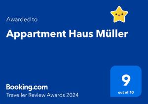 Certifikát, hodnocení, plakát nebo jiný dokument vystavený v ubytování Appartment Haus Müller