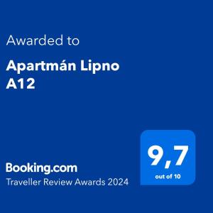 Certifikát, hodnocení, plakát nebo jiný dokument vystavený v ubytování Apartmán Lipno A12