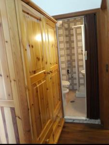 a bathroom with a wooden door and a toilet at villa aremogna in Roccaraso