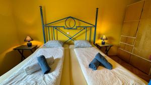 two twin beds in a room with two lamps at Jerà am Furtnerteich Hotel-Ristorante&Relax in Mariahof