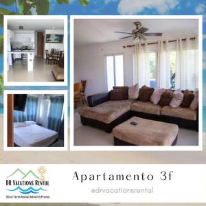 un collage de fotos de una sala de estar y una cocina en Apartamento en Playa Coconut @drvacationsrental en Puerto Palenque
