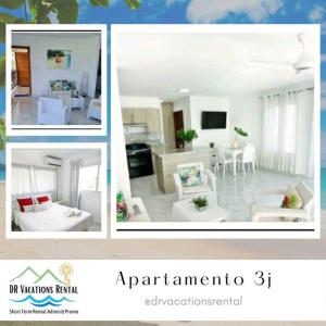 eine Collage mit vier Bildern eines Wohnzimmers in der Unterkunft Apartamento en Playa Coconut @drvacationsrental in Puerto Palenque