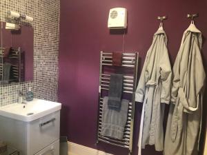 een badkamer met een wastafel en een handdoekenrek bij The Stone Cottage in Glengarriff