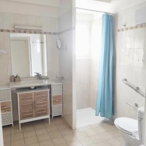La salle de bains est pourvue d'un lavabo, d'une douche et de toilettes. dans l'établissement Studio 314 - LES SUITES DE ROBINSON - Résidence avec piscine en bord de Siagne, à Mandelieu-La-Napoule, à Mandelieu-la-Napoule