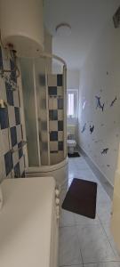 a bathroom with a shower and a wall with fish on it at Leon in Rijeka