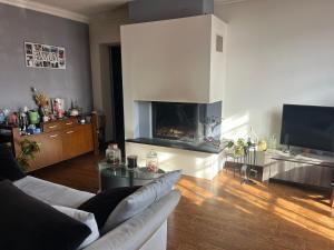 a living room with a couch and a fireplace at Maison proche Cannes /Grasse in Mouans-Sartoux