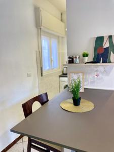 - une cuisine avec une table et une plante en pot dans l'établissement Bnbook Lago Maggiore Studio, à Castelletto sopra Ticino