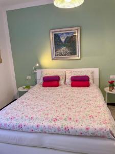 カステッレット・ソプラ・ティチーノにあるBnbook Lago Maggiore Studioのベッドルーム1室(大型ベッド1台、赤い枕2つ付)