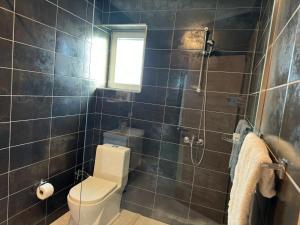 a bathroom with a toilet and a shower with a window at Hotel Uniluxury in Pristina