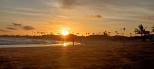 a person walking on the beach at sunset at Pousada Ilha do Meio in Itacimirim