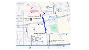 a map showing the route of a bus stop at Central Studio in Pécs