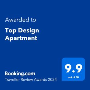 Certifikát, hodnocení, plakát nebo jiný dokument vystavený v ubytování Top Design Apartment