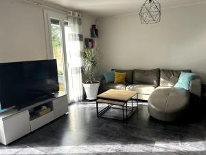ein Wohnzimmer mit einem Sofa und einem Flachbild-TV in der Unterkunft Maison 77 : 5 chambres-Babyfoot-SPA proche Disney in Mouroux