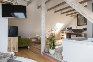 a living room with a couch and a tv at Wellness Suiten mit Whirlpool am Stadtrand von Essen in Essen