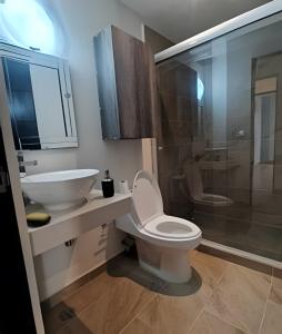een badkamer met een toilet, een wastafel en een douche bij Dream Lagoons Veracruz in Veracruz