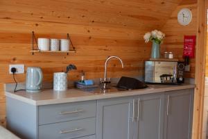 a kitchen with a sink and a counter top at Wildflower Meadow Cabins in Whitington
