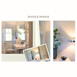 two pictures of a bathroom with a sink and a mirror at Ruh-Ut in Wyk auf Föhr