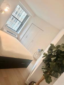 una camera da letto con un letto e una pianta in vaso di Exquisite Urban Oasis: Luxury 1 Bedroom Retreat in Downtown Manhattan a New York