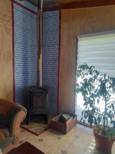 sala de estar con estufa de leña y planta en Cabaña la estancia, en La Estancia