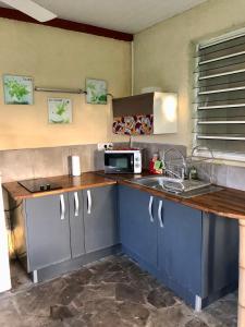cocina con armarios azules, fregadero y microondas en Kaz Alberto Guadeloupe, en Sainte-Rose