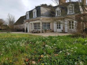 uma antiga casa de pedra com um campo de flores em La Taille de Biou em Huisseau-sur-Cosson