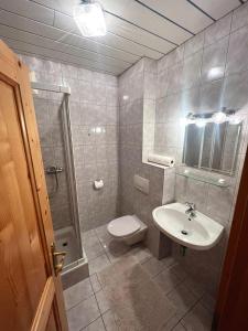 ein Bad mit einem WC, einem Waschbecken und einer Dusche in der Unterkunft Mentebauer Traudi's Ferienhof in Rothenthurn