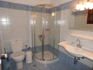 a bathroom with a shower and a toilet and a sink at Tinos Suites & Apartments with sea view in Agios Ioannis Tinos