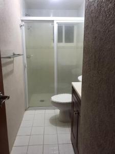 a bathroom with a shower and a toilet and a sink at Casa Vacacional Boca IB in Boca del Río