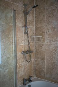 eine Dusche mit Duschkopf im Bad in der Unterkunft Cosy Modern Flat (NEC/BHX Stays) in Marston Green