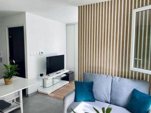 a living room with a couch and a television at Le Cocoon Quatre Pavillons Lormont in Lormont