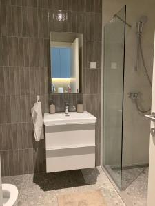 a bathroom with a sink and a mirror and a shower at Belgrade Waterfront - Beograd na vodi - BG011 in Belgrade