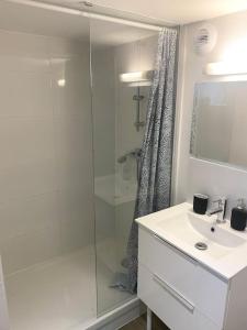 un bagno bianco con doccia e lavandino di Le Thabor - T3 proche Centre Rennes a Rennes