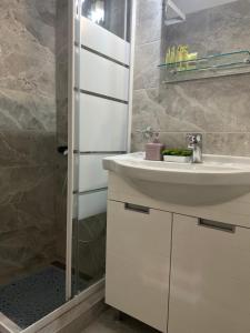 uma casa de banho com um lavatório e um chuveiro em luxury apartment center athens (wifi) em Atenas