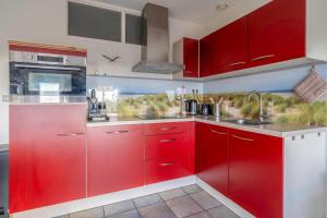 a kitchen with red cabinets and a sink at Appartementencomplex Juliana 142 in De Koog