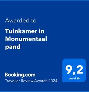 Certifikát, hodnocení, plakát nebo jiný dokument vystavený v ubytování Tuinkamer in Monumentaal pand