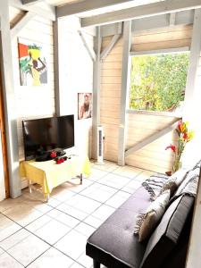 uma sala de estar com um sofá e uma televisão em 971C - "Ti Calebasse" an atypical cottage em Terre-de-Bas