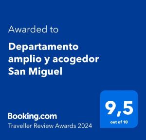 Majutusasutuses Departamento amplio y acogedor San Miguel olev sertifikaat, autasu, silt või muu dokument