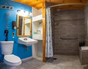 uma casa de banho com um WC, um lavatório e um chuveiro em White Birches Motel em Ellsworth
