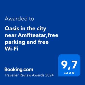 Ett certifikat, pris eller annat dokument som visas upp på Oasis in the city near Amfiteatar,free parking and free Wi-Fi