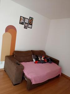 eine Couch in einem Wohnzimmer mit Bildern an der Wand in der Unterkunft Apartamento Super Aconchegante em Ambiente Familiar in Contagem