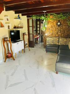 a living room with a couch and a tv at Casa Azul na Praia do Verão Vermelho in Cabo Frio