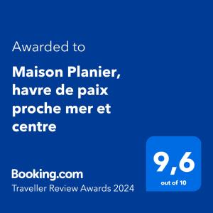Certifikát, ocenenie alebo iný dokument vystavený v ubytovaní Maison Planier, havre de paix proche mer et centre