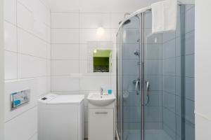 bagno bianco con lavandino e doccia di Krowoderskich Zuchów Standard Studio a Cracovia