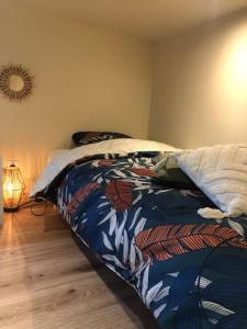 a bedroom with a bed with a colorful blanket at Tiny house au cœur du marais in Saint-Omer