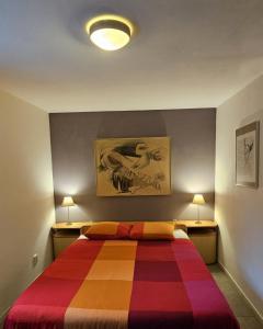 VaassenにあるDennenhuisのベッドルーム1室(カラフルな毛布付きのベッド1台付)